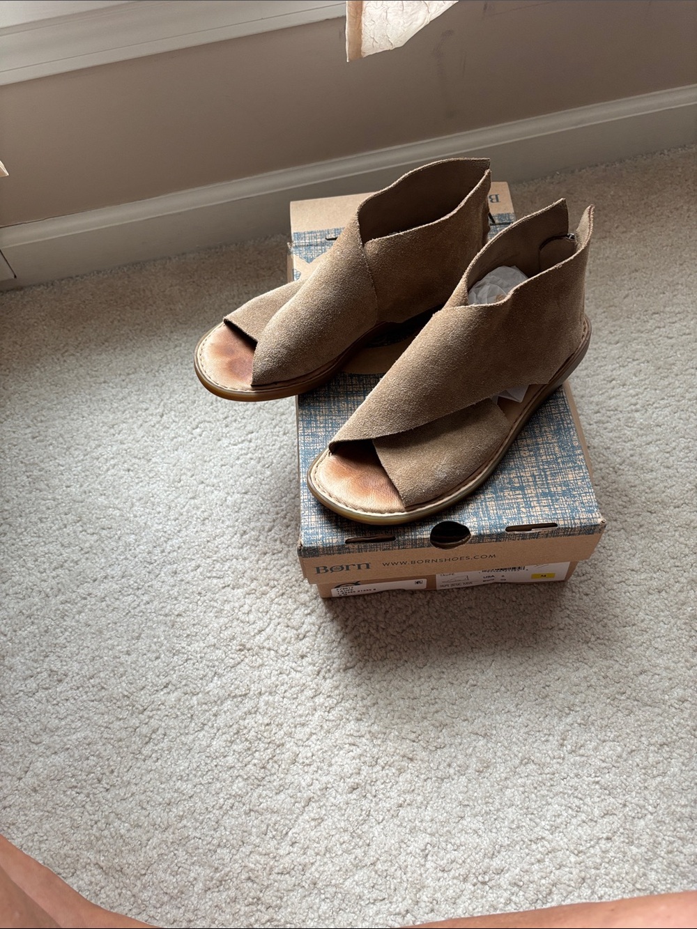 Born Taupe Suede Open-Toe Crossover Mules